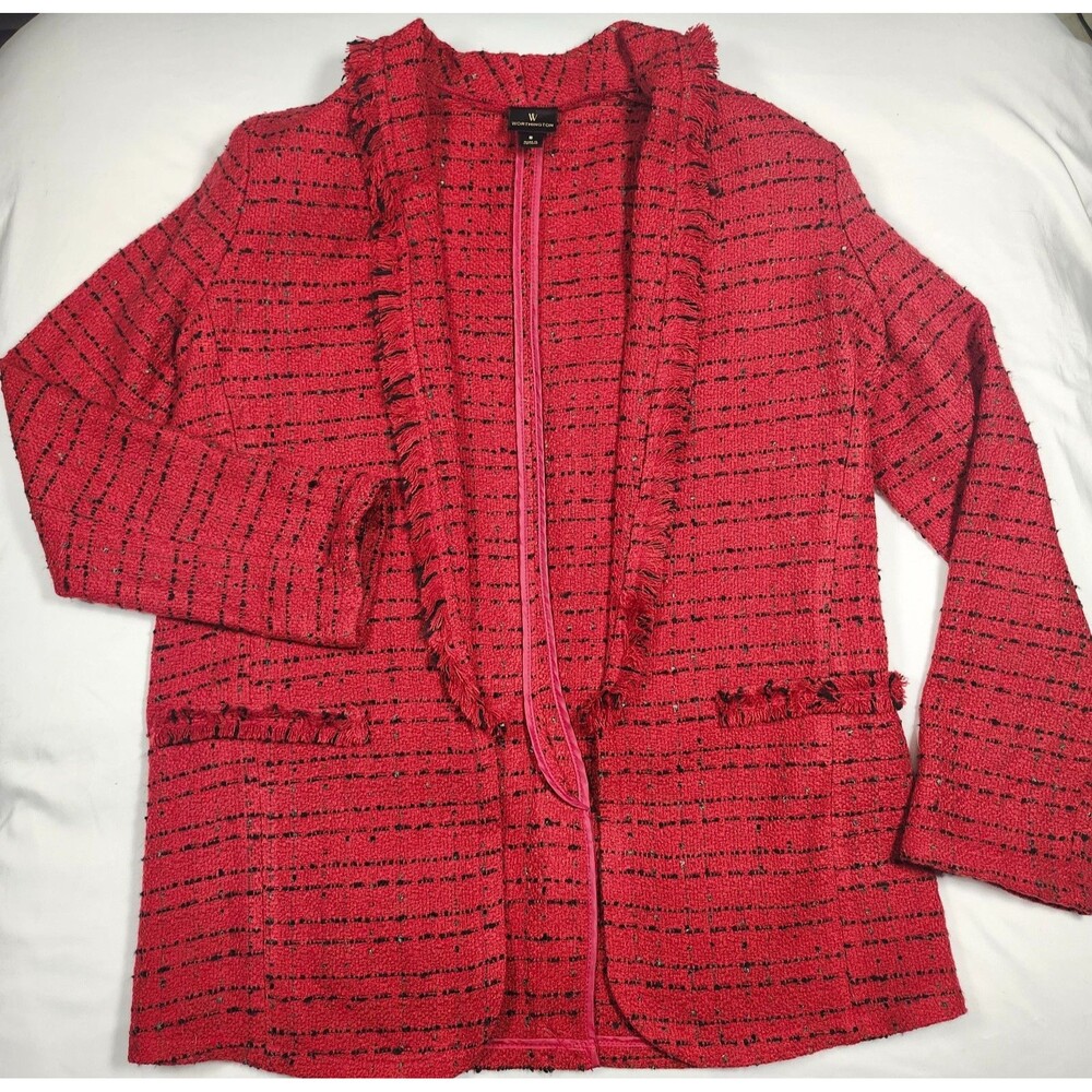 Women's Blazer Small Red Black Tweed Open Front Long Sleeve Jacket Office
